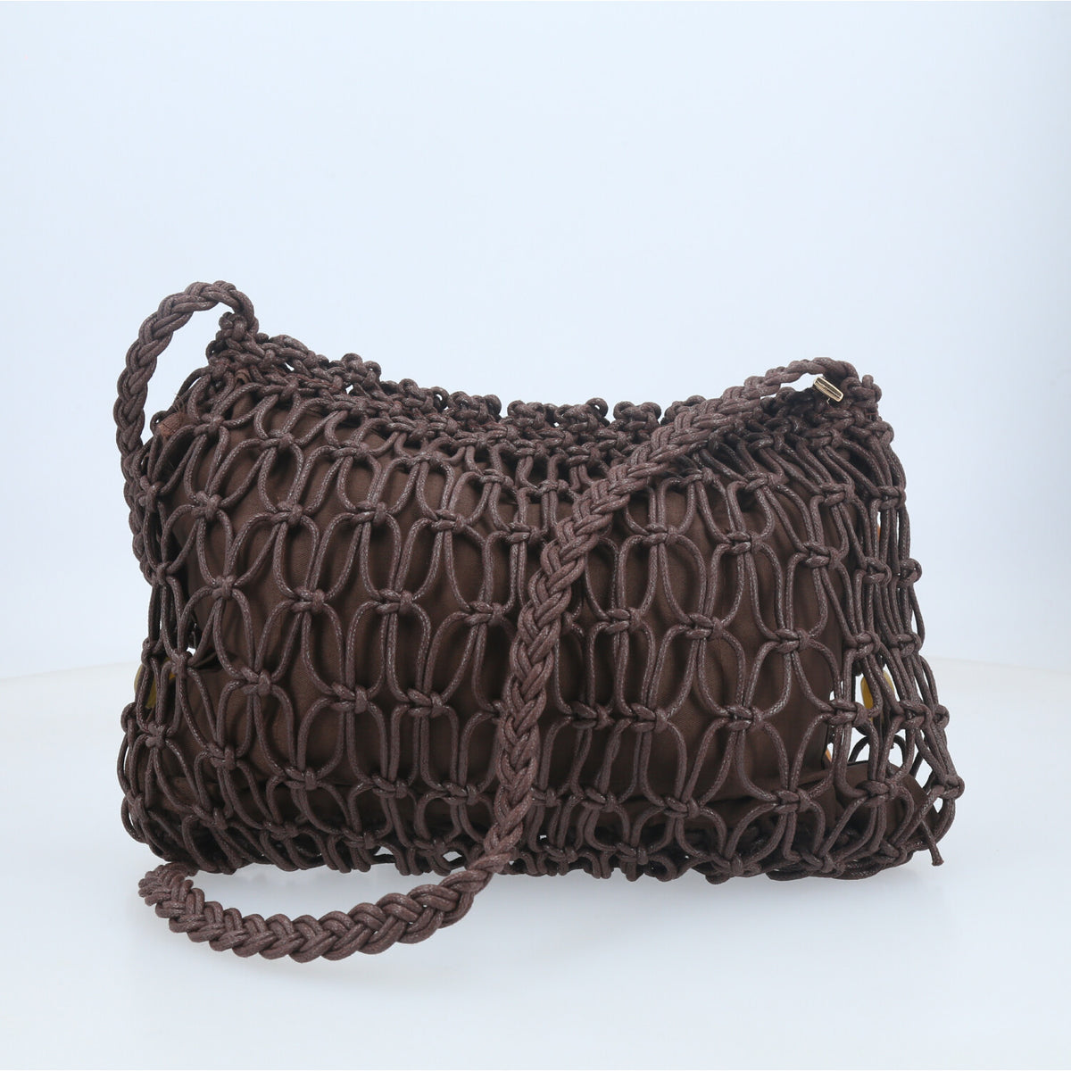 Bolsa em Crochê com Aplique de Madrepérolas Marrom escuro