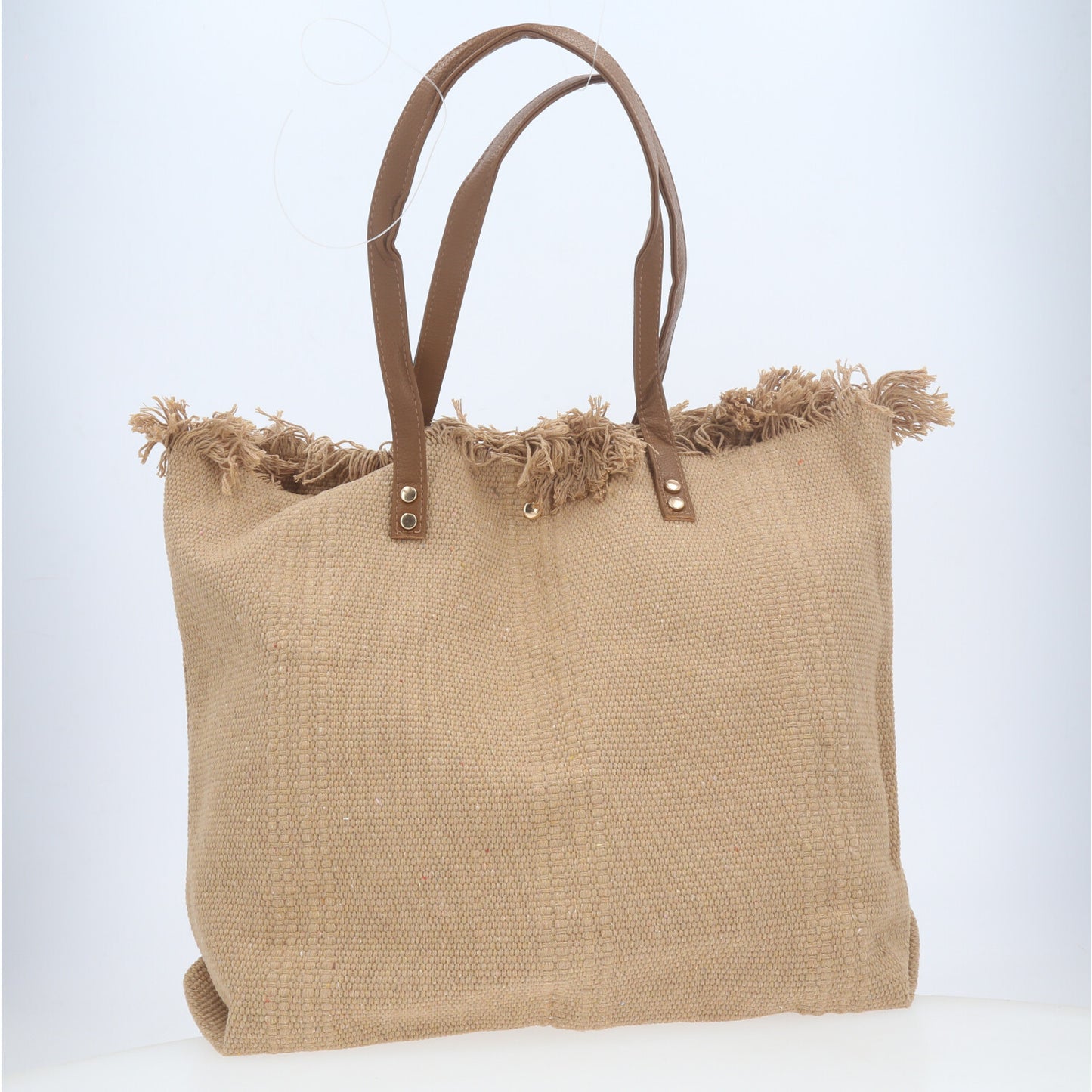 Bolsa Tote em Tecido com Franjas na Borda Superior Caramelo