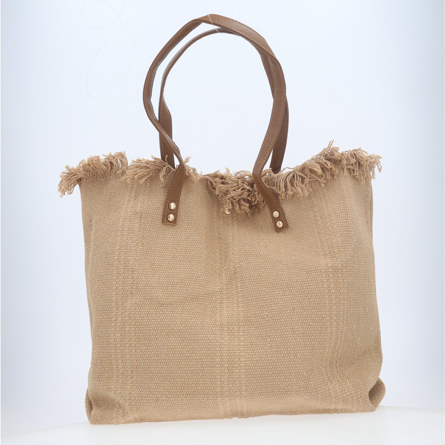 Bolsa Tote em Tecido com Franjas na Borda Superior Caramelo