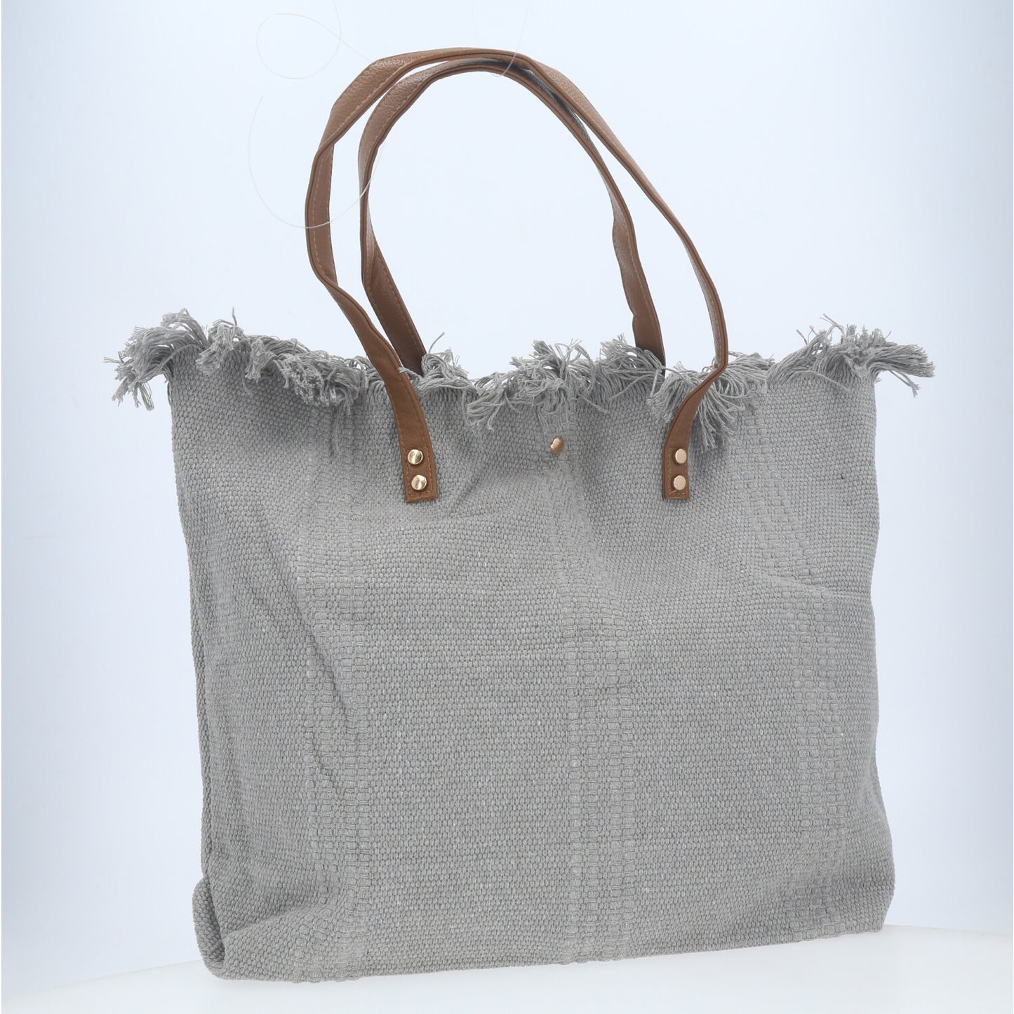 Bolsa Tote em Tecido com Franjas na Borda Superior Cinza