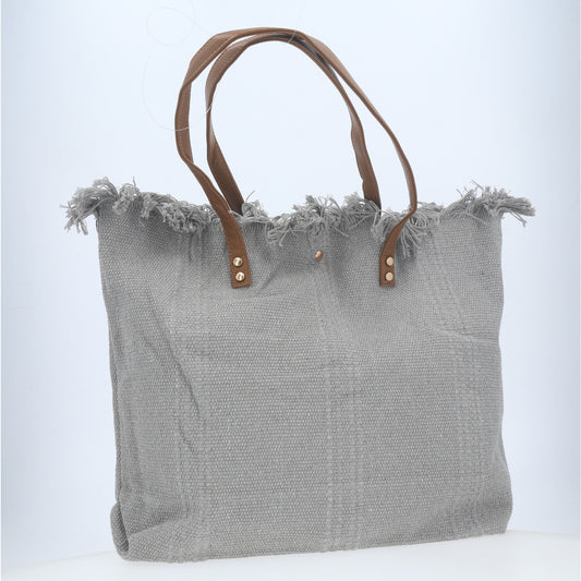 Bolsa Tote em Tecido com Franjas na Borda Superior Cinza