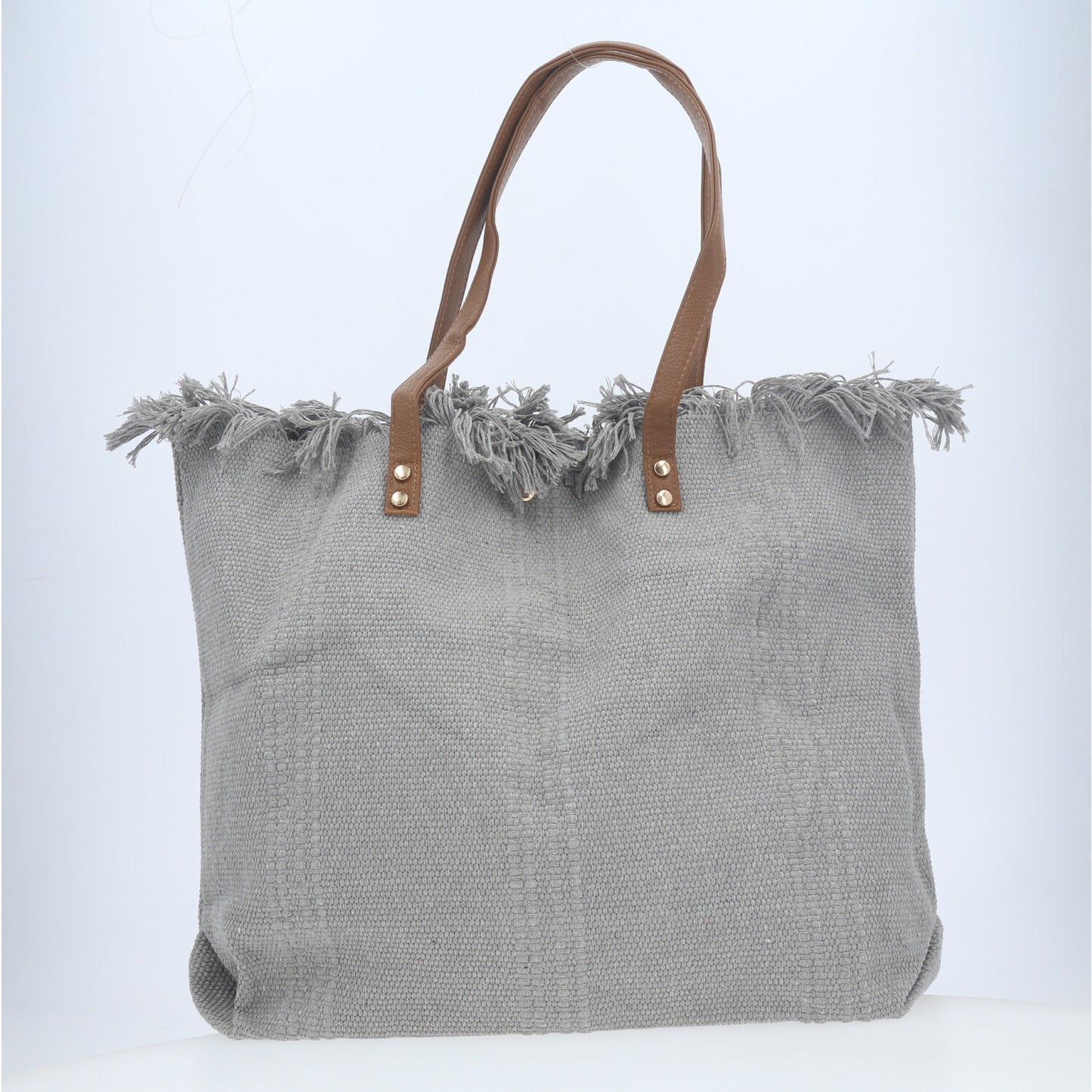 Bolsa Tote em Tecido com Franjas na Borda Superior Cinza