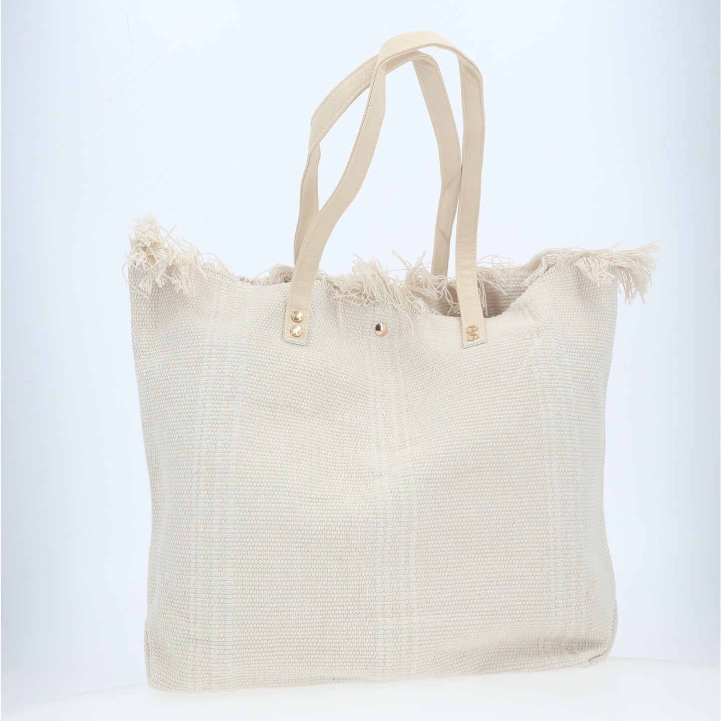 Bolsa Tote em Tecido com Franjas na Borda Superior Marfim