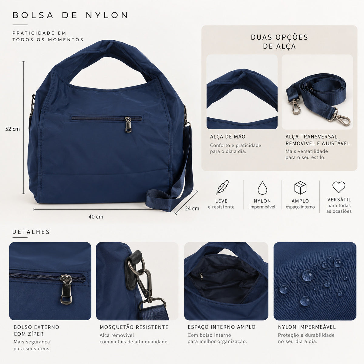 Bolsa Grande em Nylon para Faculdade e Acadêmia Azul escuro