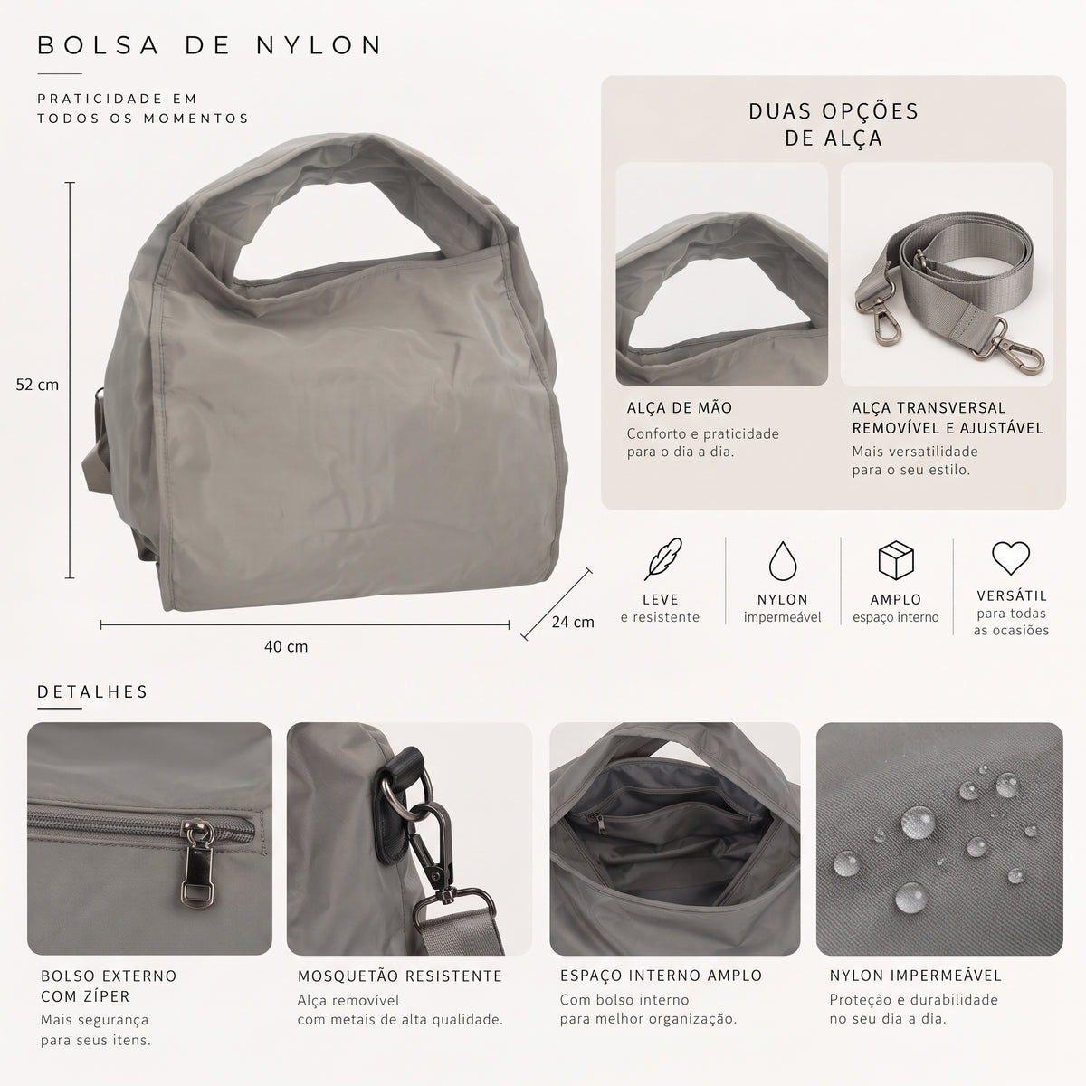 Bolsa Grande em Nylon para Faculdade e Acadêmia Cinza