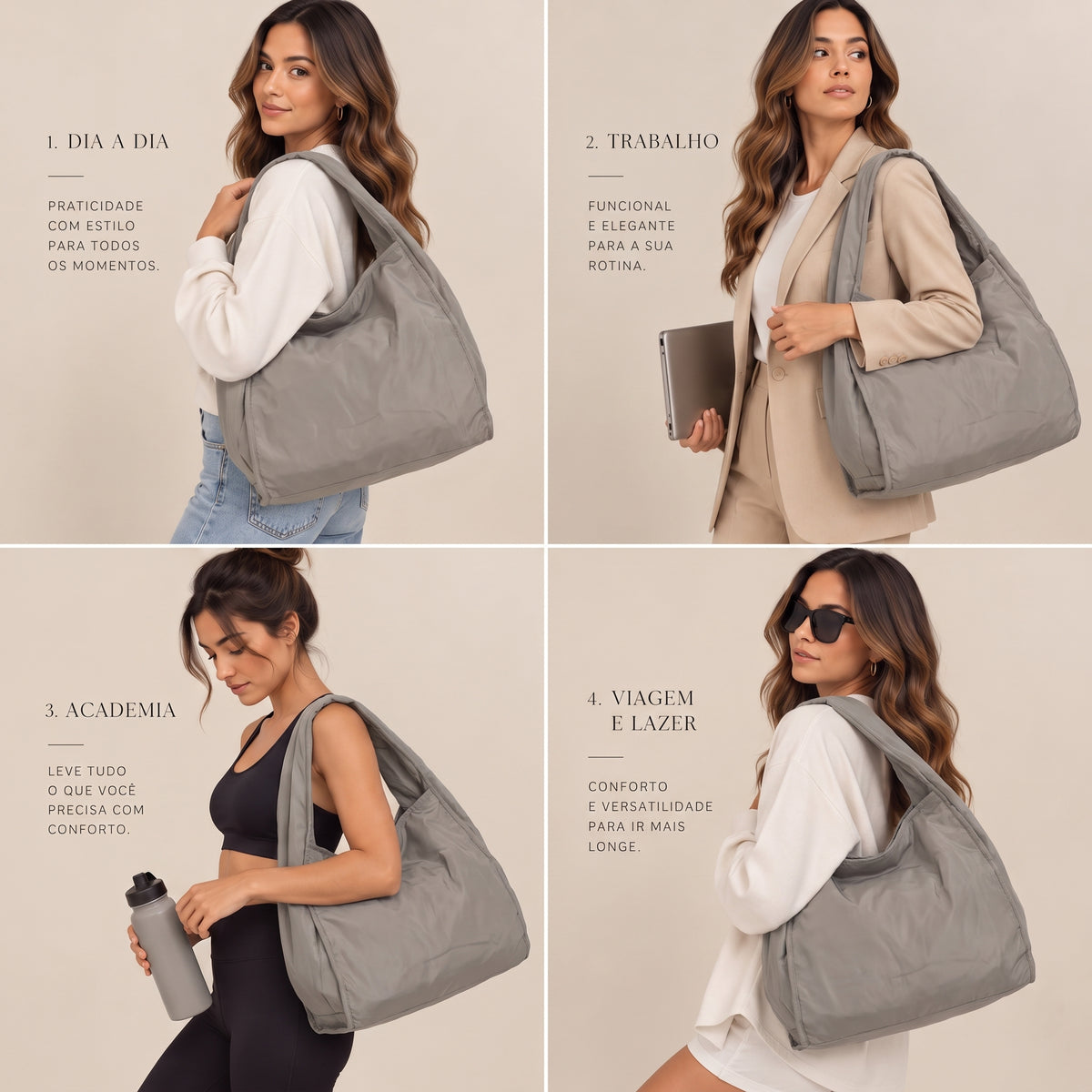 Bolsa Grande em Nylon para Faculdade e Acadêmia Cinza