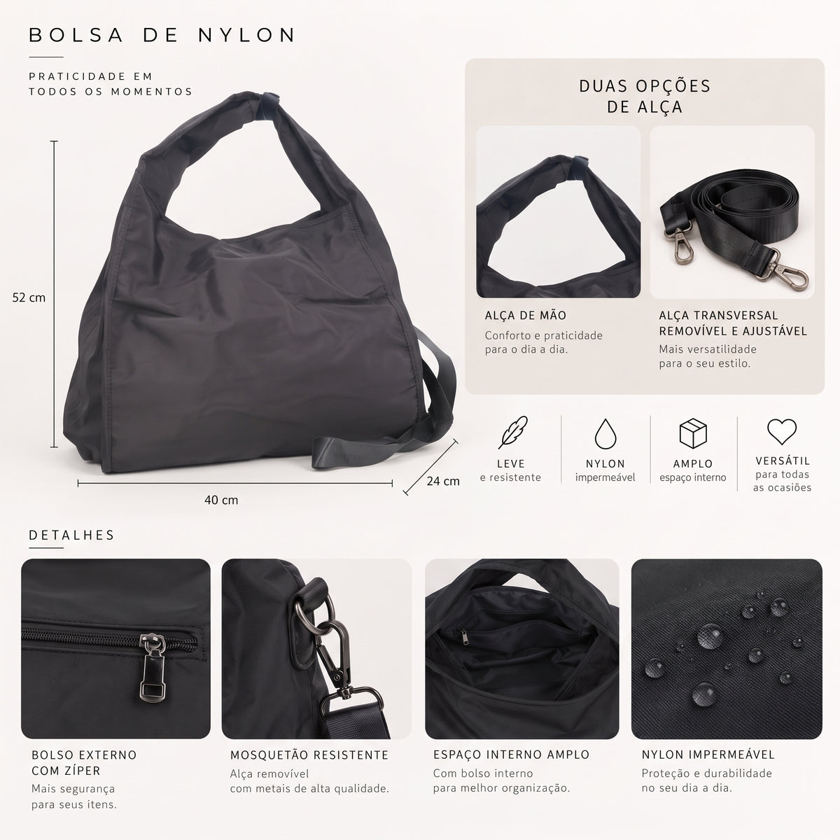 Bolsa Grande em Nylon para Faculdade e Acadêmia Cinza escuro