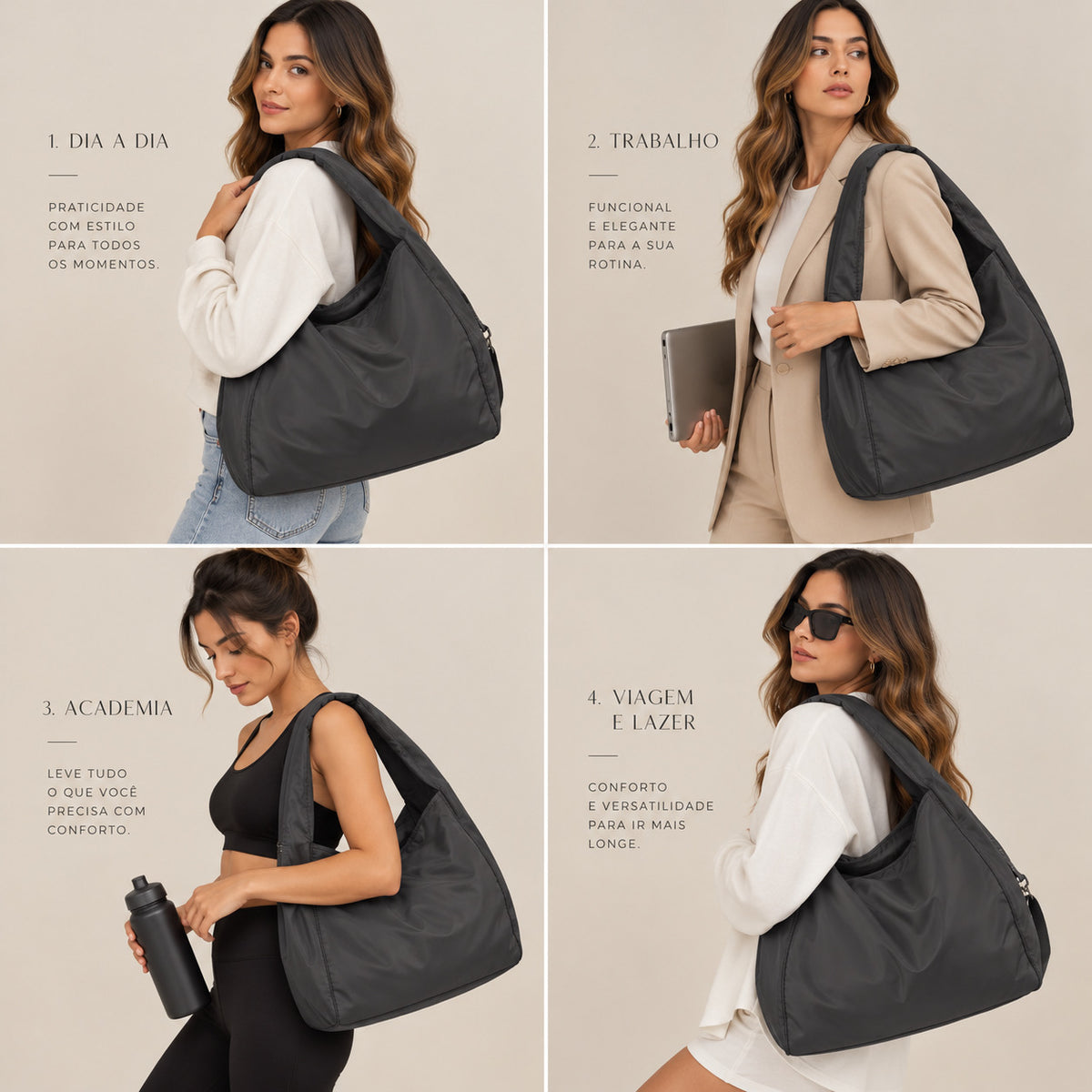 Bolsa Grande em Nylon para Faculdade e Acadêmia Cinza escuro