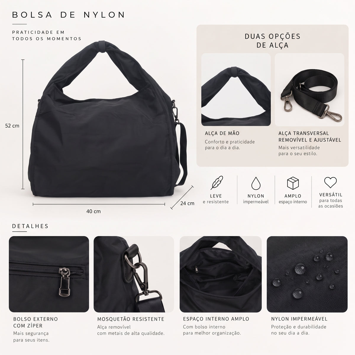 Bolsa Grande em Nylon para Faculdade e Acadêmia Preto