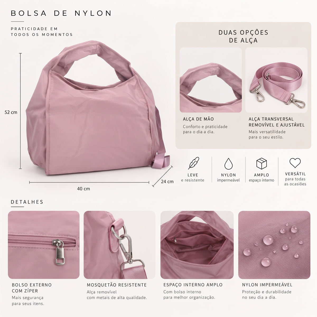 Bolsa Grande em Nylon para Faculdade e Acadêmia Rosa