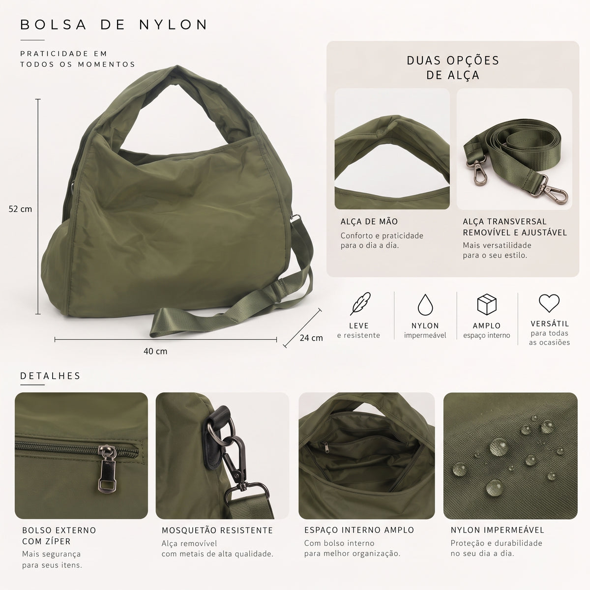 Bolsa Grande em Nylon para Faculdade e Acadêmia Verde
