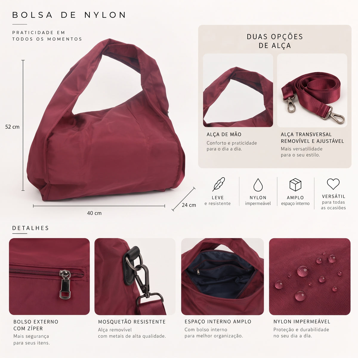 Bolsa Grande em Nylon para Faculdade e Acadêmia Vinho