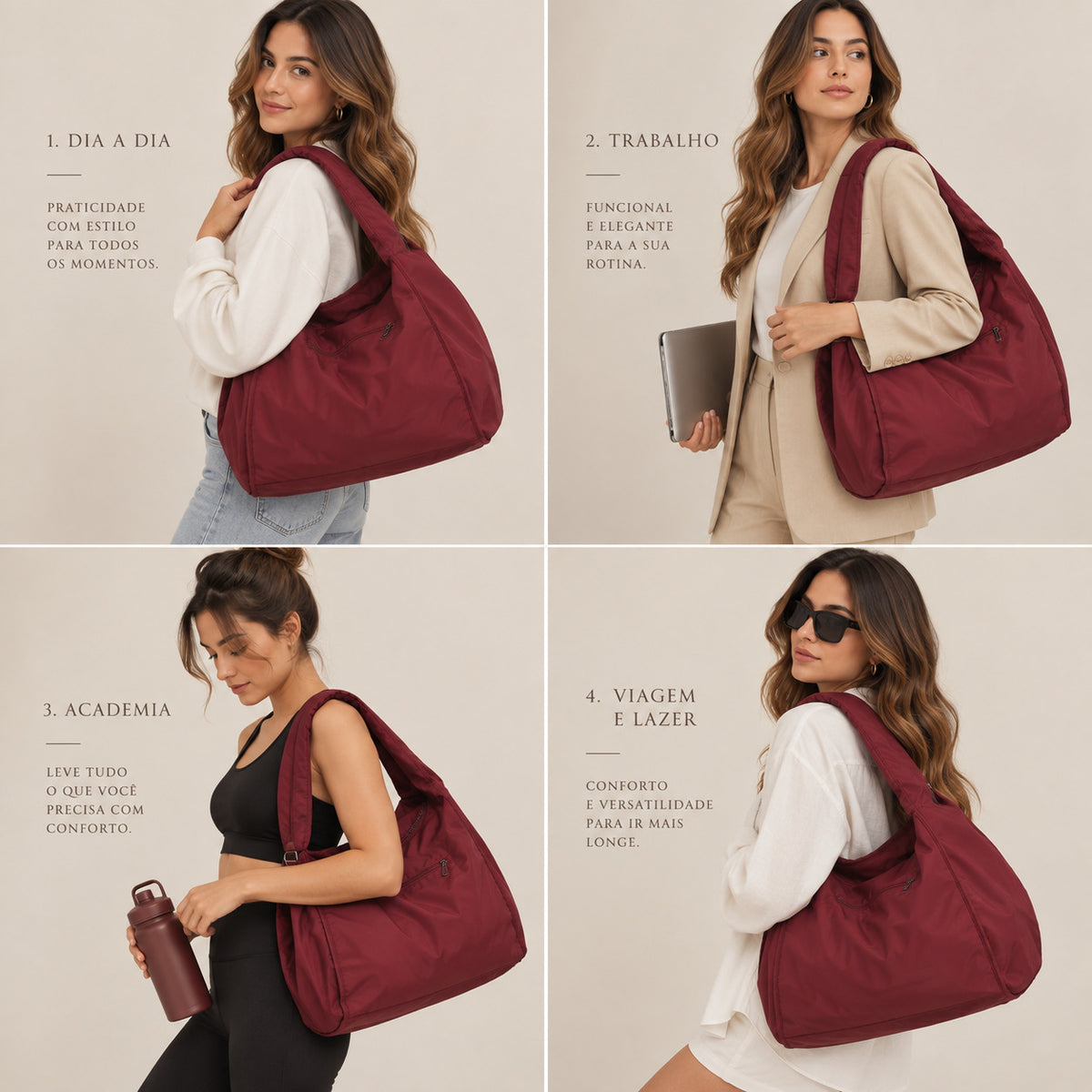 Bolsa Grande em Nylon para Faculdade e Acadêmia Vinho