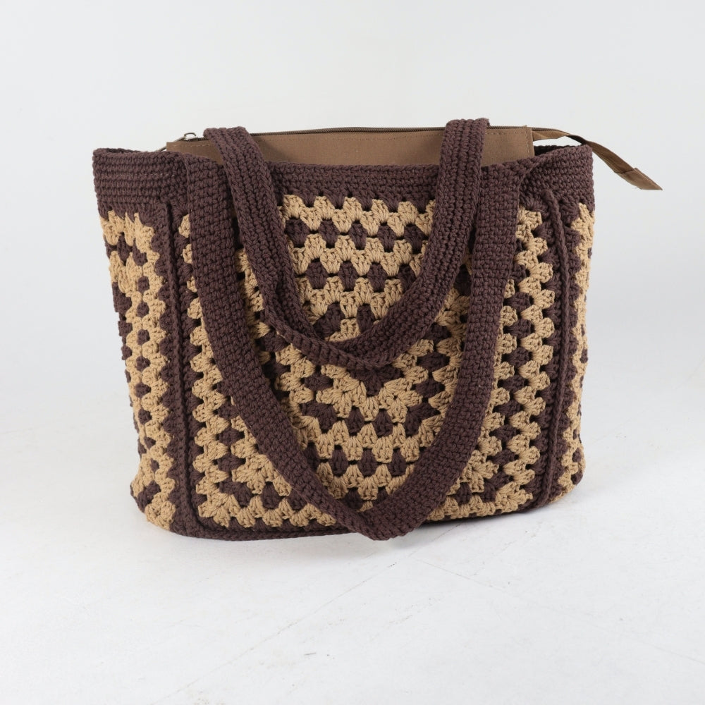 Bolsa de Praia em Crochê Trançado com Alça Fixa Marrom