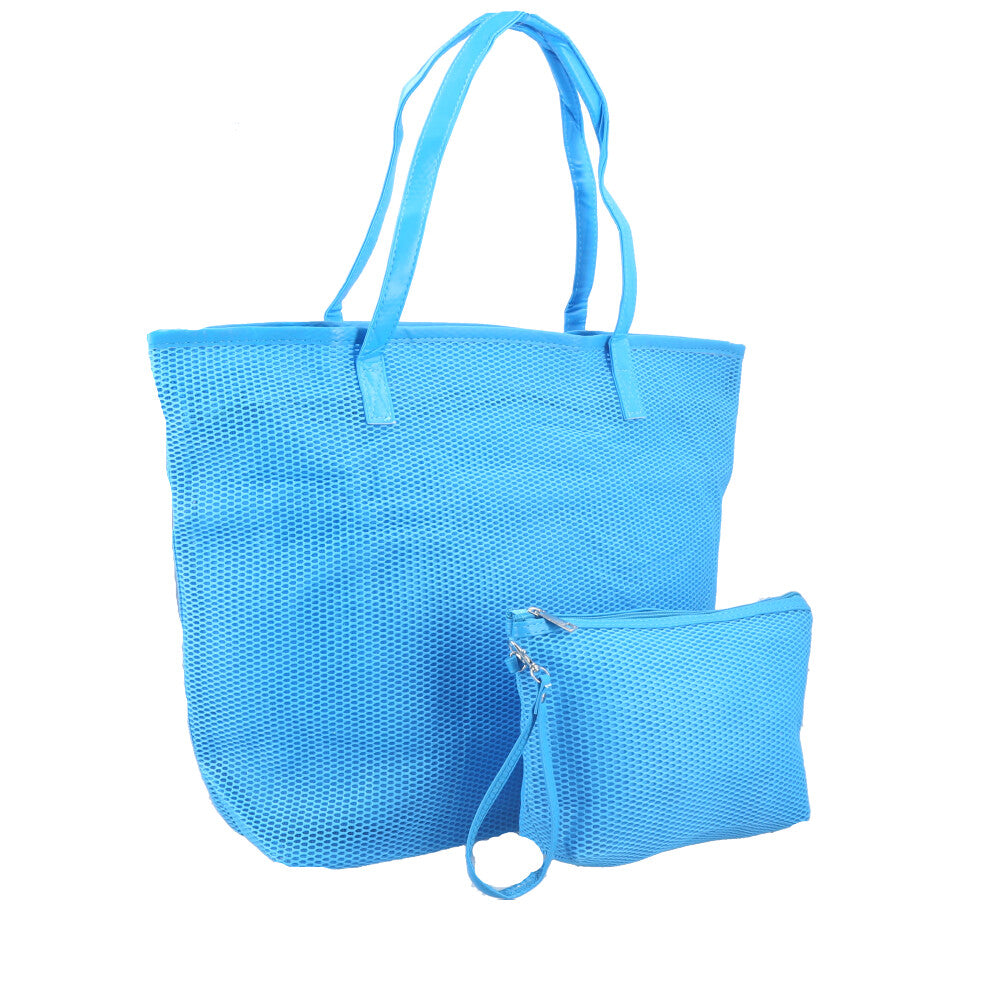 Bolsa de Praia em Ráfia com Acompanhamento de Nécessaire Azul