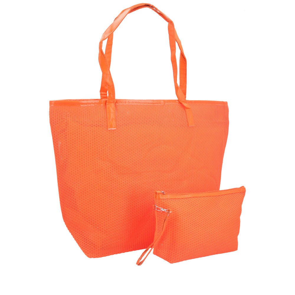 Bolsa de Praia em Ráfia com Acompanhamento de Nécessaire Laranja