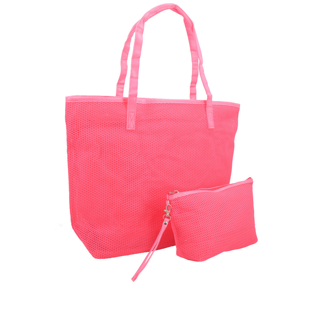 Bolsa de Praia em Ráfia com Acompanhamento de Nécessaire Rosa