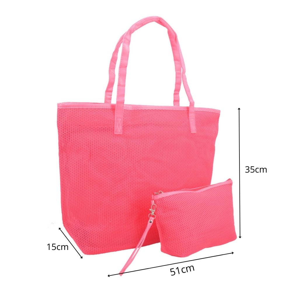 Bolsa de Praia em Ráfia com Acompanhamento de Nécessaire Rosa