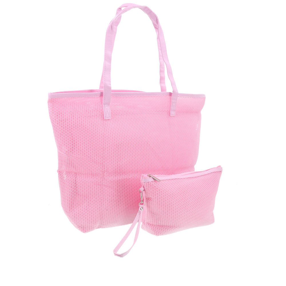 Bolsa de Praia em Ráfia com Acompanhamento de Nécessaire Rosa claro