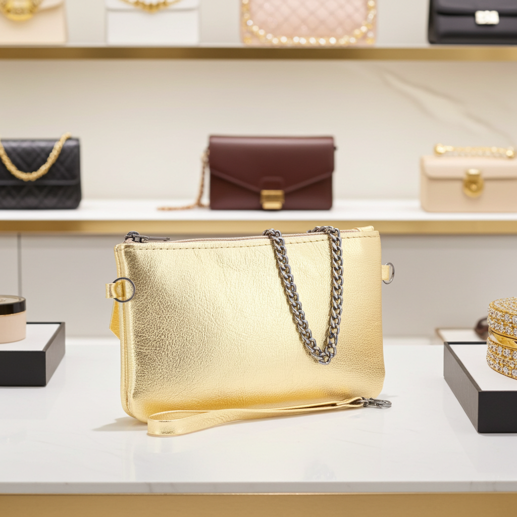 Bolsa de Couro com Alça de Corrente Ouro