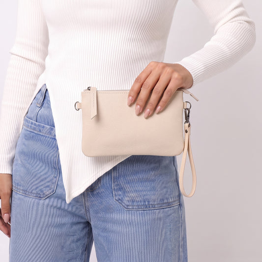 Bolsa Transversal em Couro que Converte em Carteira Marfim