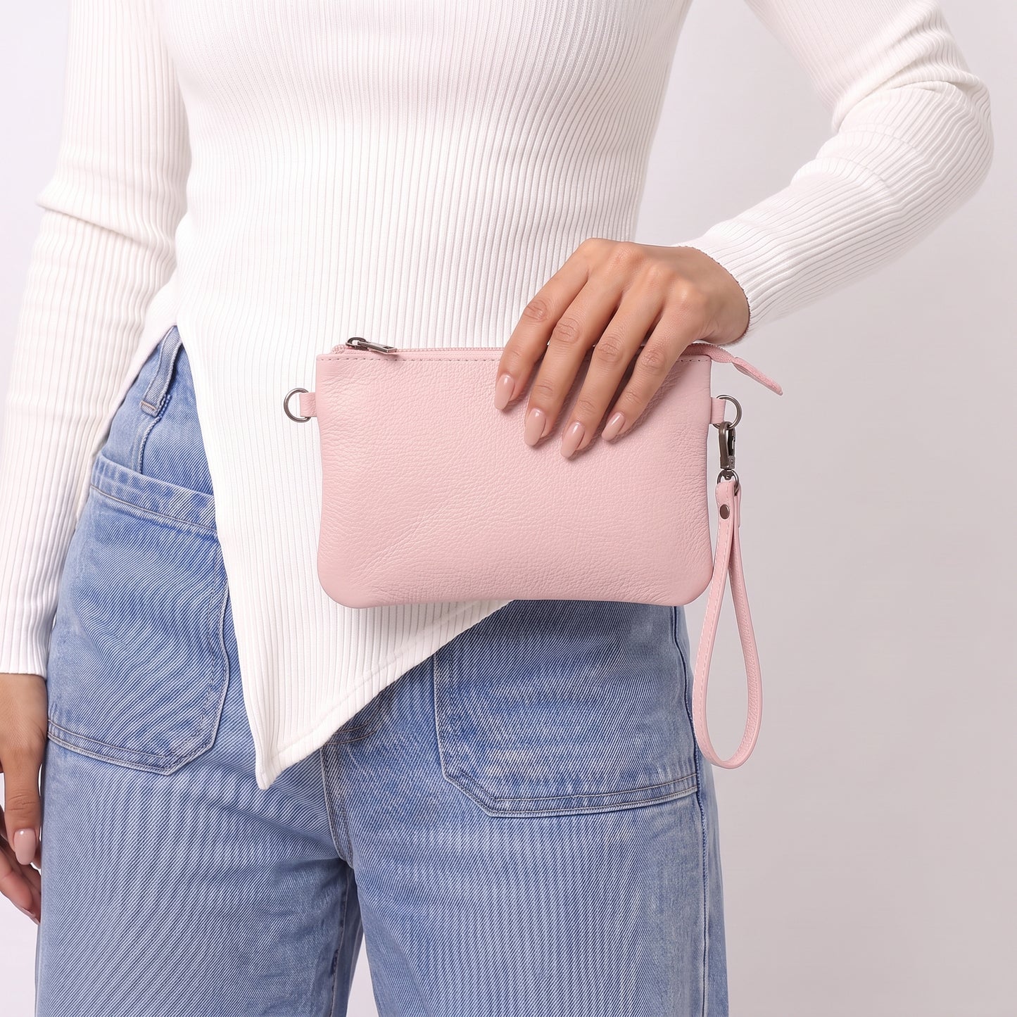Bolsa Transversal em Couro que Converte em Carteira Rosa claro