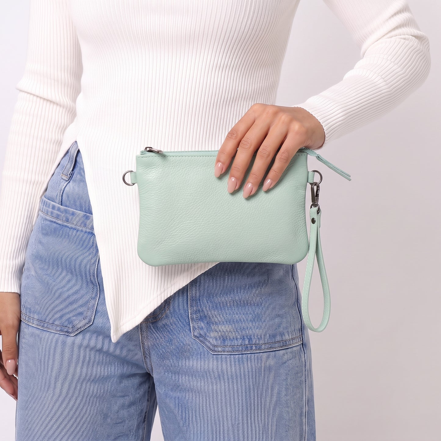 Bolsa Transversal em Couro que Converte em Carteira Verde claro