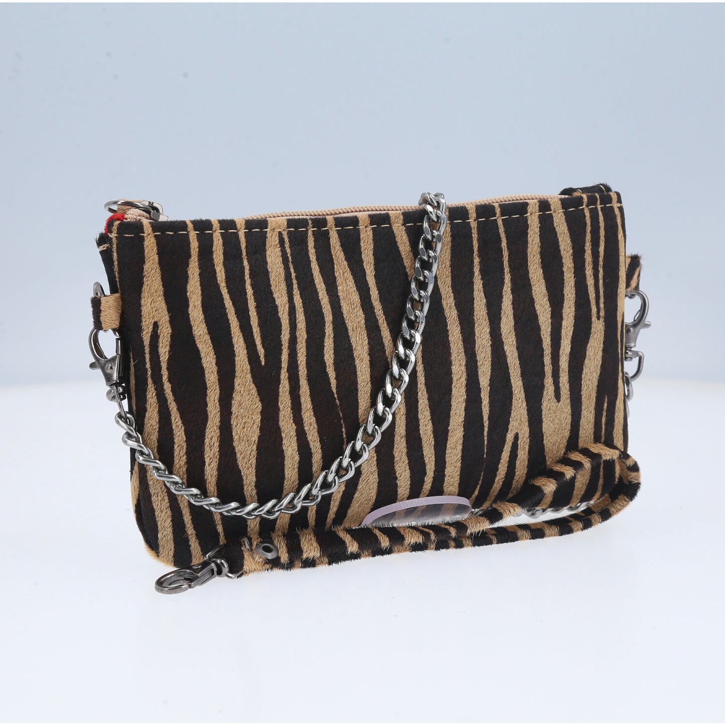 Bolsa Feminina de Couro Animal Print Alça Corrente Bege