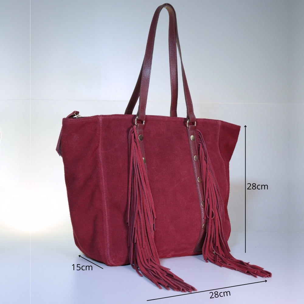 Bolsa de Ombro em Couro Camurça com Acabamento em Franjas Vinho