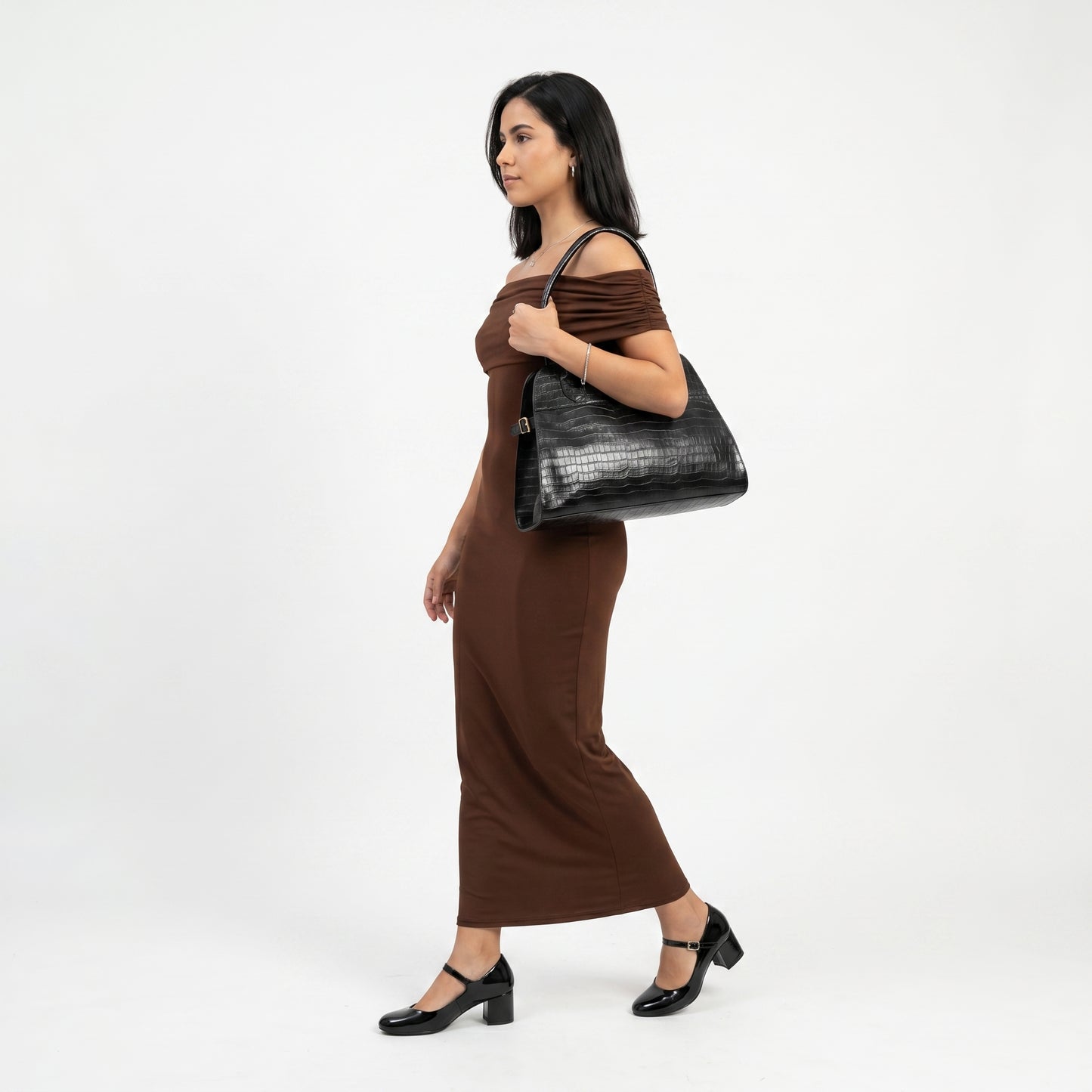 Bolsa Feminina de Couro Croco com Alça de Ombro Preto