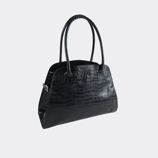 Bolsa Feminina de Couro Croco com Alça de Ombro Preto