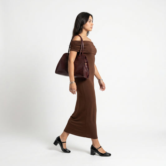 Bolsa Feminina de Couro Croco com Alça de Ombro Vinho
