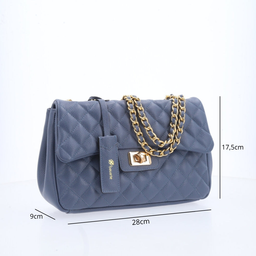 Bolsa Feminina Média Transversal Em Couro Legítimo Matelassê Azul