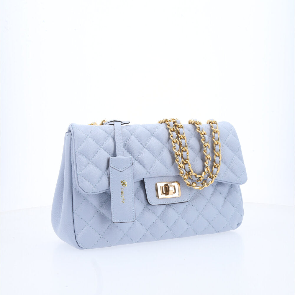 Bolsa Feminina Média Transversal Em Couro Legítimo Matelassê Azul claro