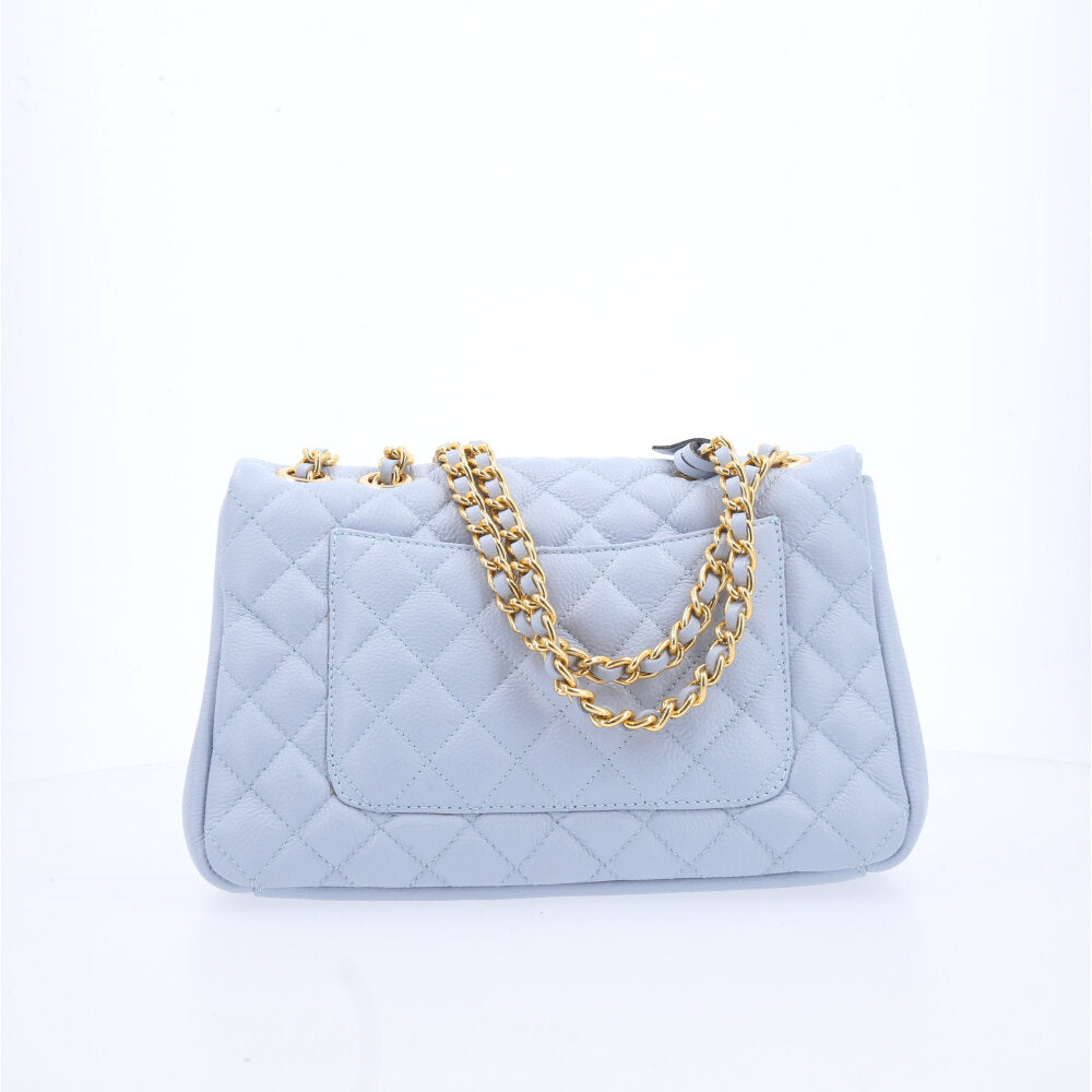Bolsa Feminina Média Transversal Em Couro Legítimo Matelassê Azul claro