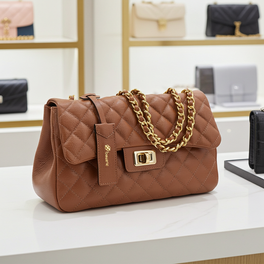 Bolsa Feminina Média Transversal Em Couro Legítimo Matelassê Caramelo