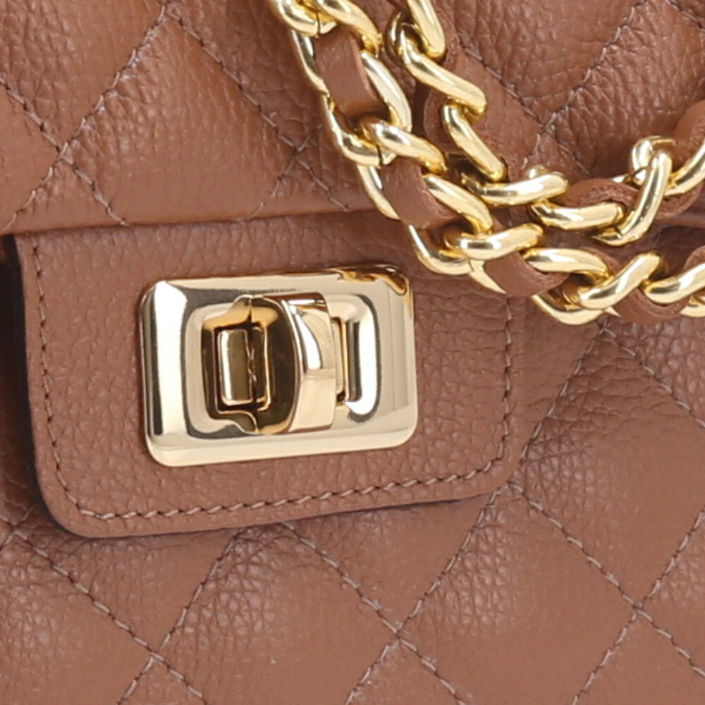 Bolsa Feminina Média Transversal Em Couro Legítimo Matelassê Caramelo
