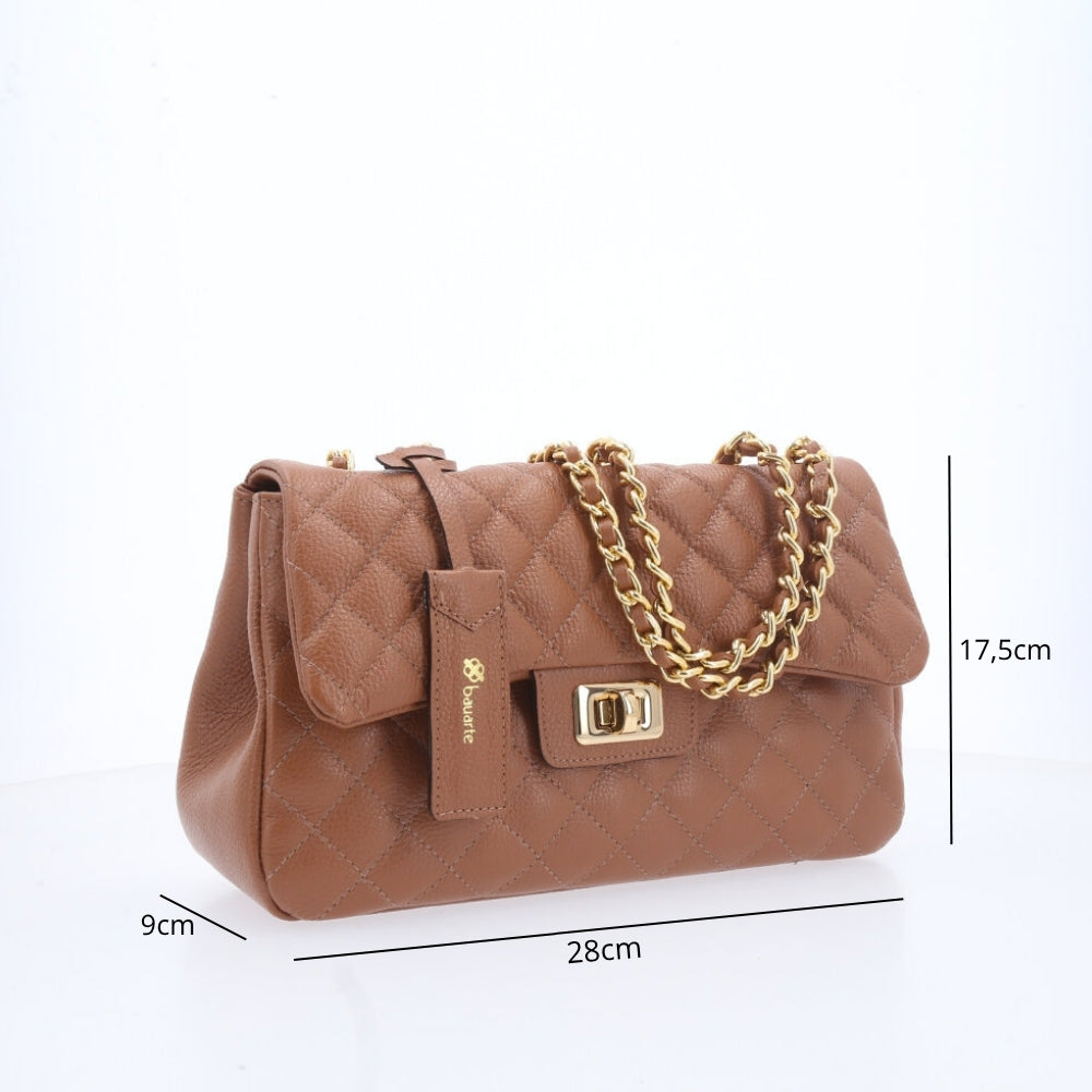 Bolsa Feminina Média Transversal Em Couro Legítimo Matelassê Caramelo