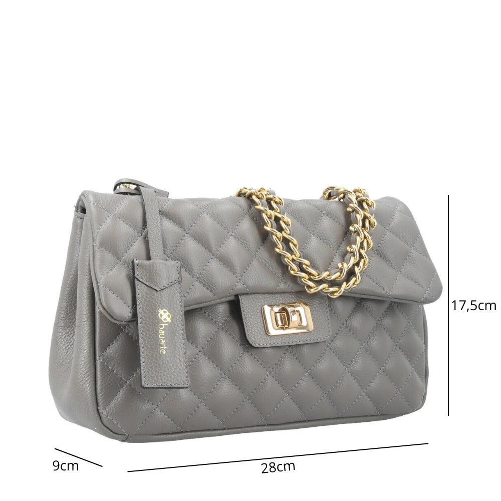Bolsa Feminina Média Transversal Em Couro Legítimo Matelassê Cinza