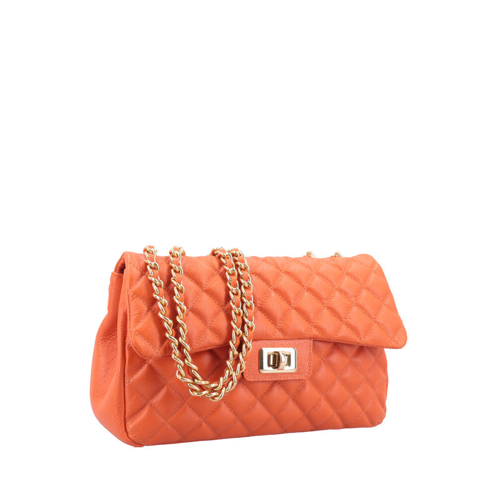 Bolsa Feminina Média Transversal Em Couro Legítimo Matelassê Laranja
