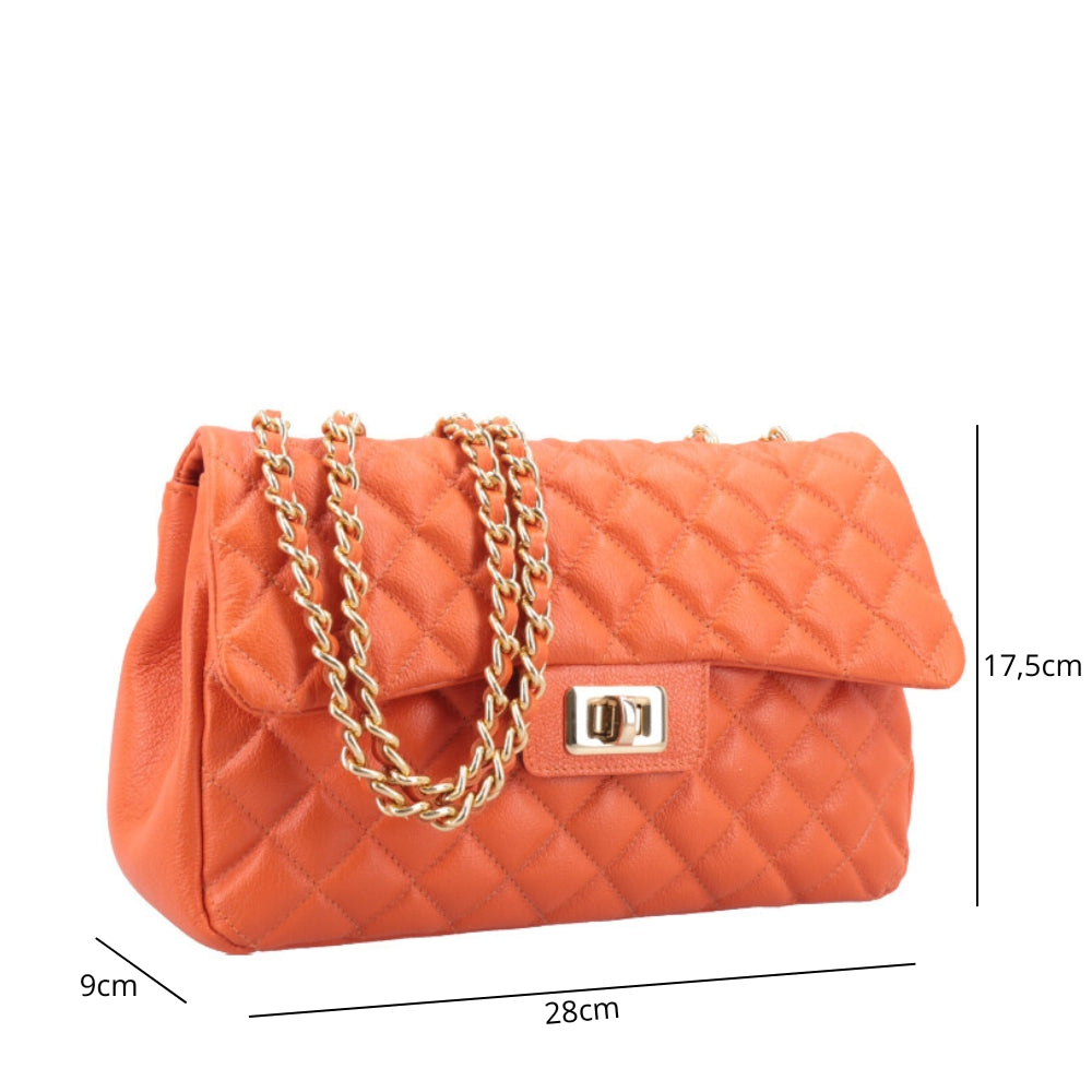 Bolsa Feminina Média Transversal Em Couro Legítimo Matelassê Laranja