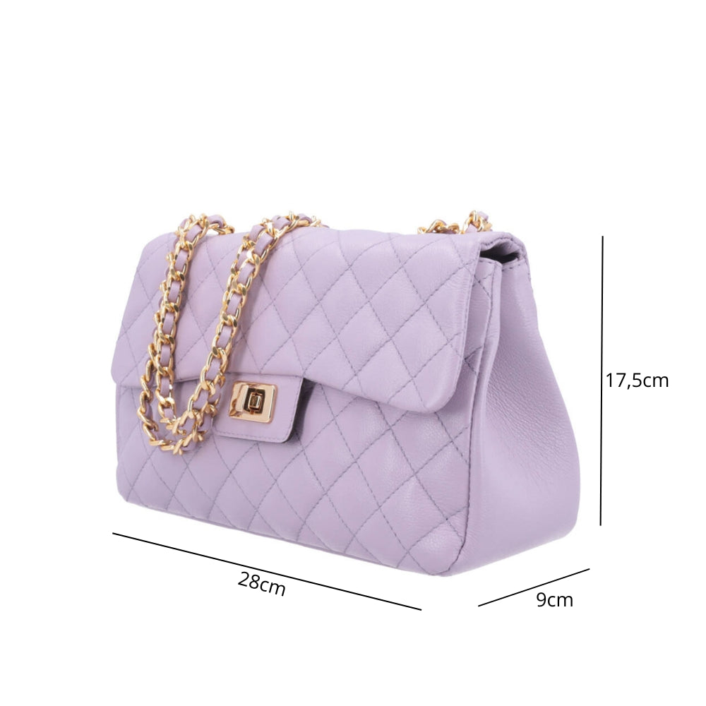 Bolsa Feminina Média Transversal Em Couro Legítimo Matelassê Lilas