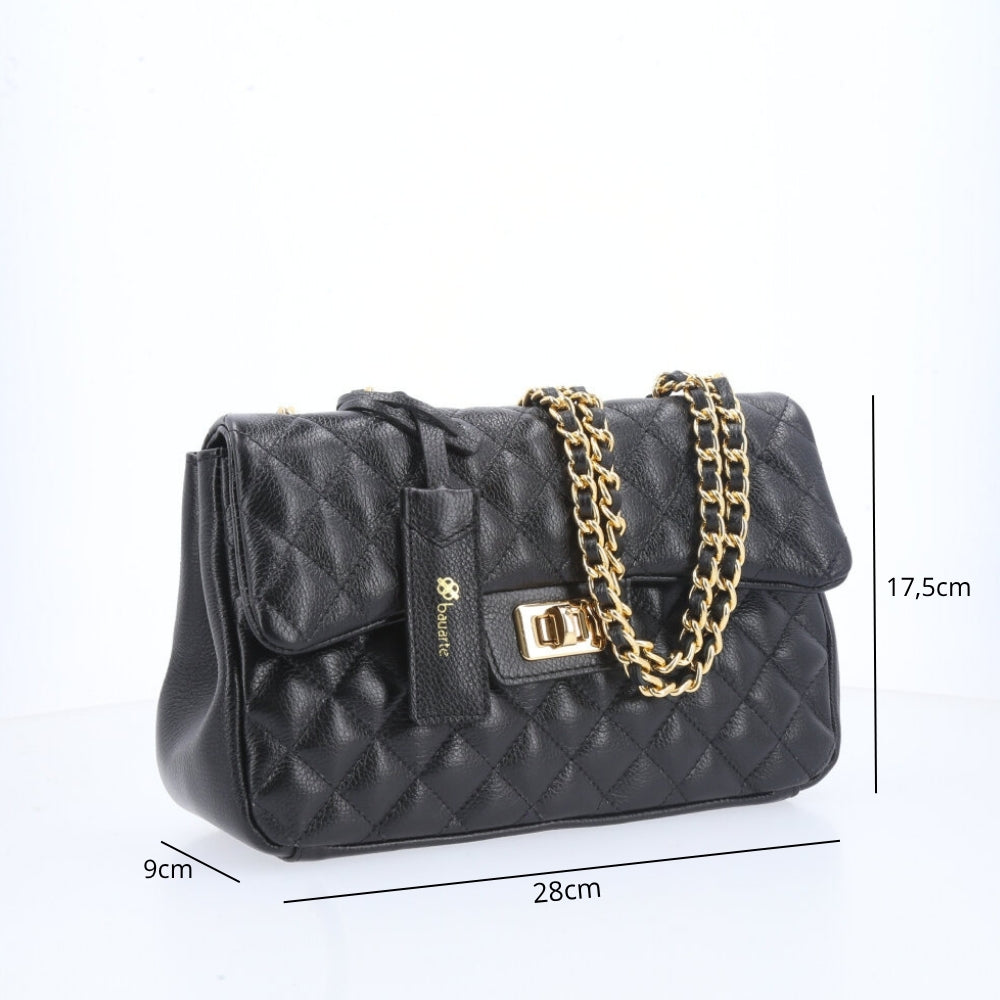 Bolsa Feminina Média Transversal Em Couro Legítimo Matelassê Preto