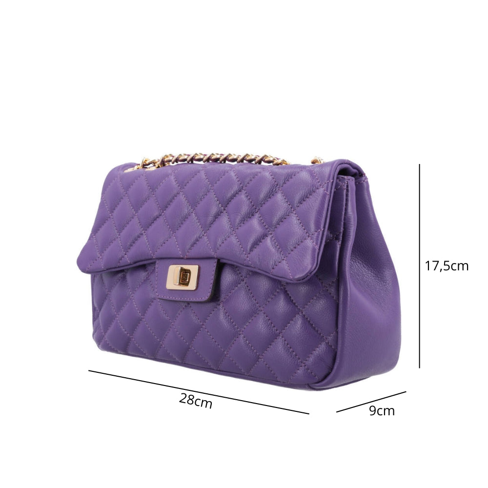 Bolsa Feminina Média Transversal Em Couro Legítimo Matelassê Roxo