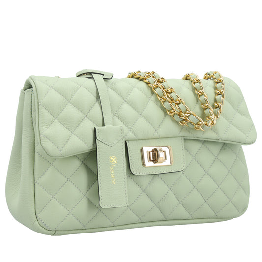 Bolsa Feminina Média Transversal Em Couro Legítimo Matelassê Verde claro