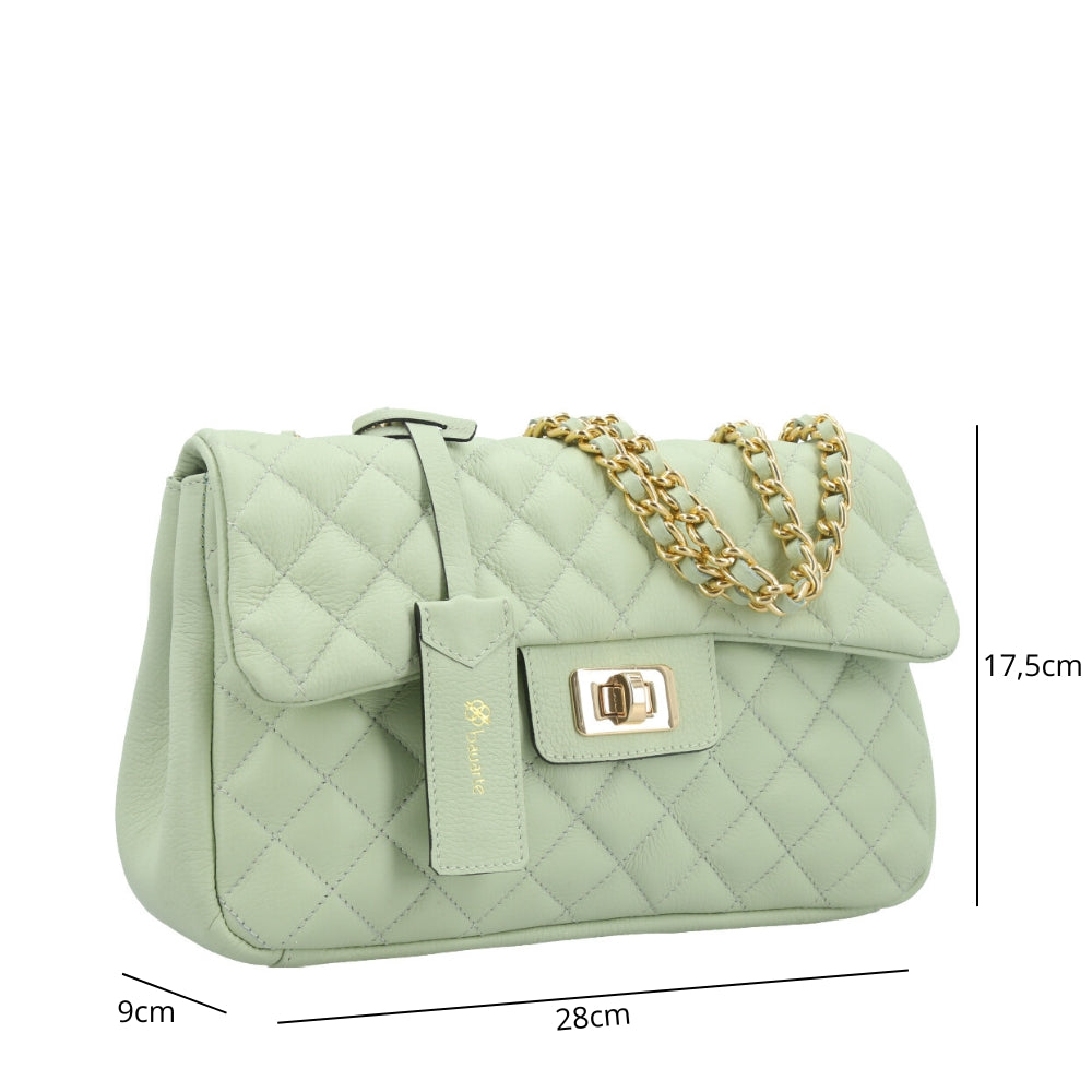 Bolsa Feminina Média Transversal Em Couro Legítimo Matelassê Verde claro