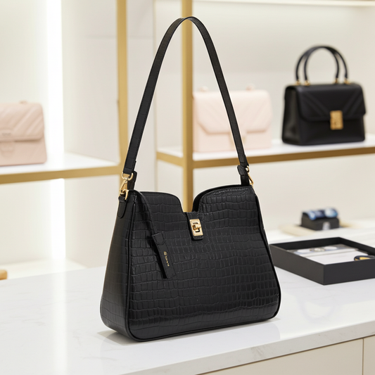 Bolsa Shoulder em Couro Croco Preto