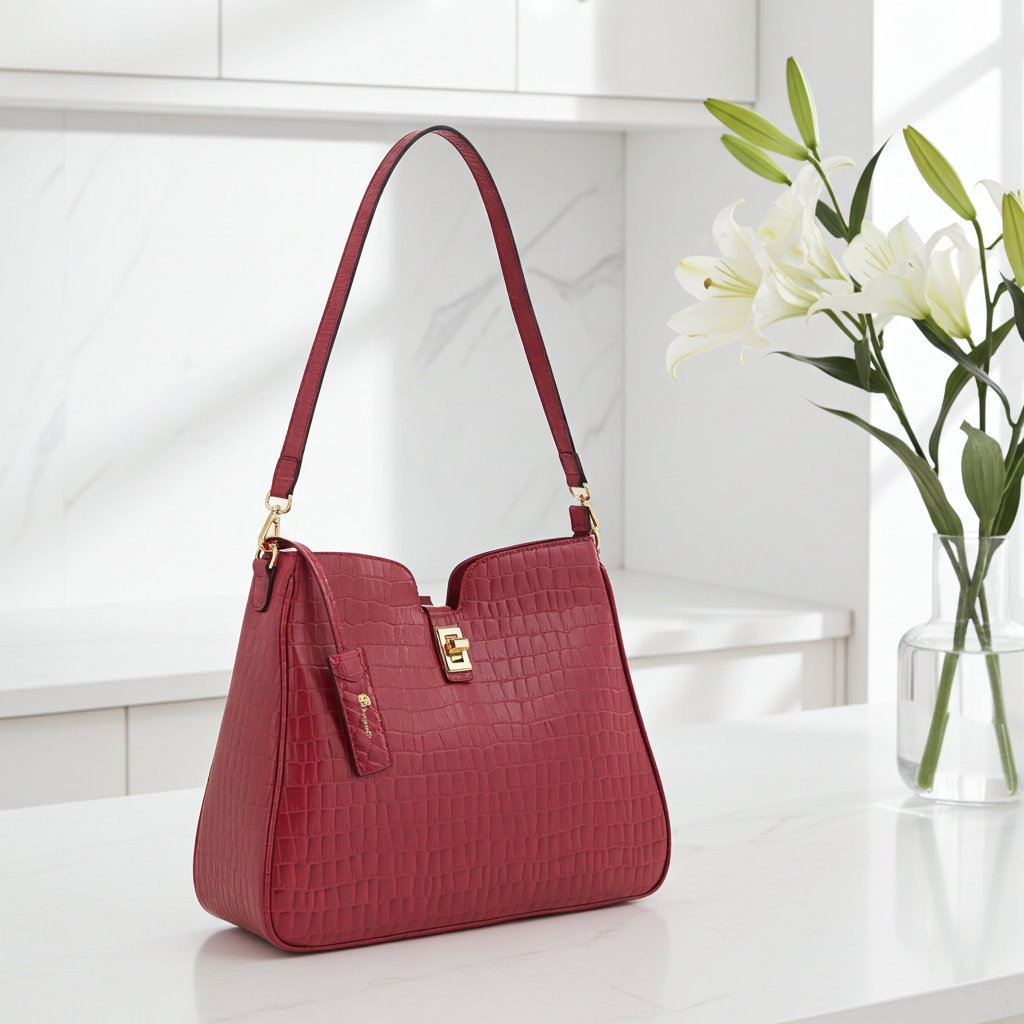 Bolsa Shoulder em Couro Croco Vinho