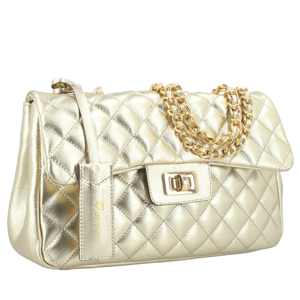 Bolsa de Couro Metalizada Feminina Matelassê Ouro