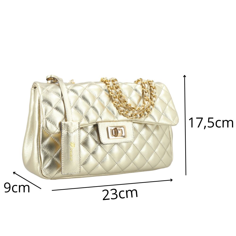 Bolsa de Couro Metalizada Feminina Matelassê Ouro